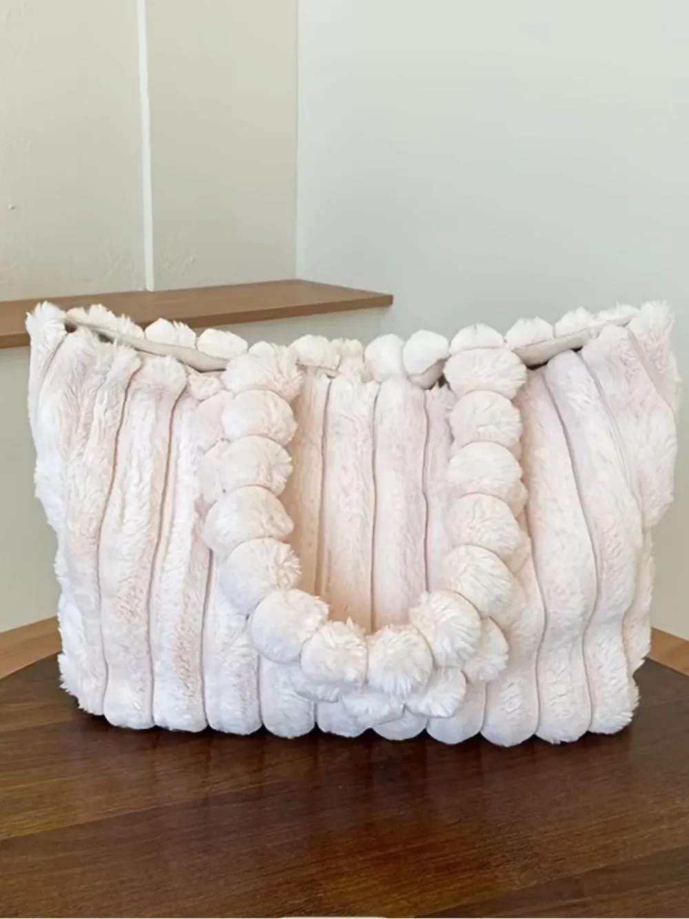 Plush Faux Fur Tote Bag in white- Soft Handle Carryall